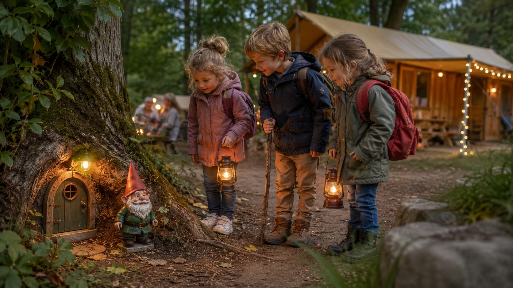 Kinderen lopen samen langs de plekken van een buitenfeestje