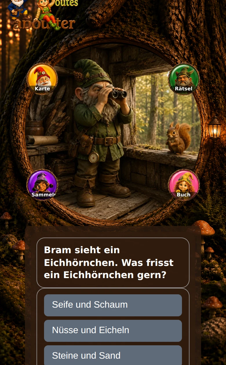 Das echte Fragefenster von Bram Boswachter mit einem Eichhörnchen und drei Antwortknöpfen.