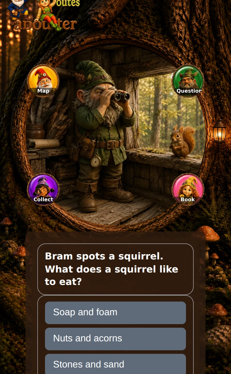 The real question window of Bram Boswachter, with a squirrel and three answer buttons.