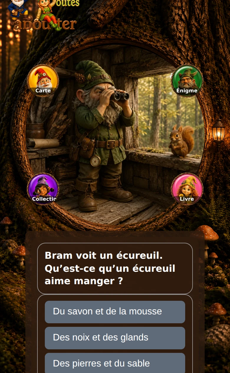 La vraie fenêtre de question de Bram Boswachter, avec un écureuil et trois boutons de réponse.