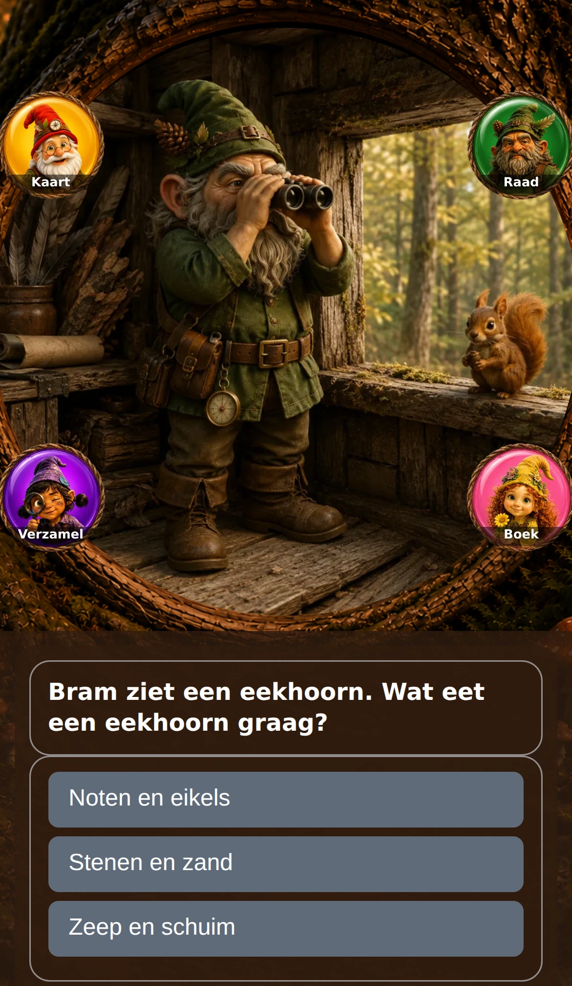 Het echte vraagvenster van Bram Boswachter, met een eekhoorn en drie antwoordknoppen.