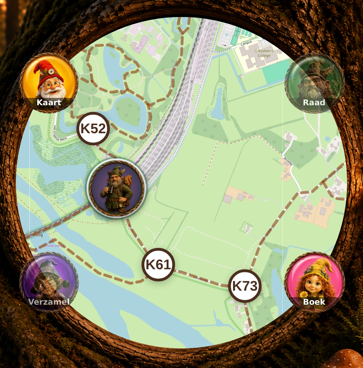 La carte de jeu de KabouterRoutes, avec des points-nœuds et un marqueur de lutin